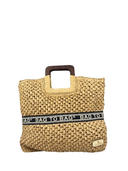 Τσάντα ψάθινη χειρός με ξύλινο χερούλι-CN9118 - ΧΑΚΙ